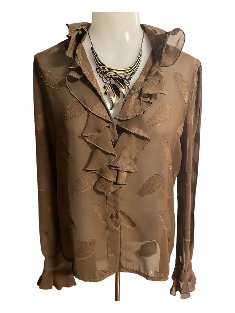 Vintage 80’s Ruffled Sheer Brown Blouse with Textured Leaf Motif size 6
